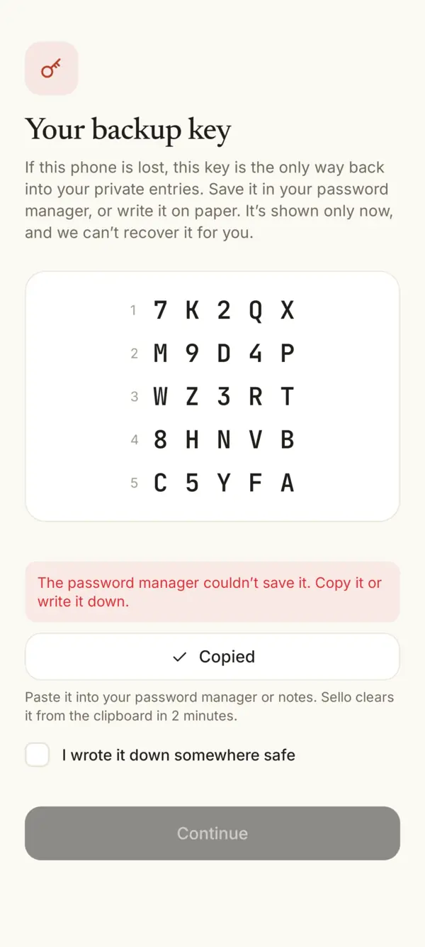The backup key copied, with a note that the clipboard clears in 2 minutes