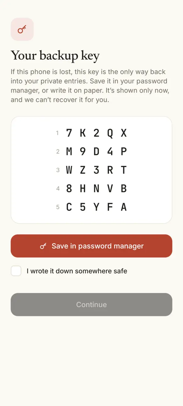 Your backup key, 25 letters and numbers
