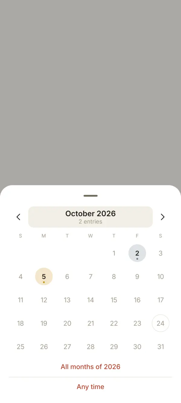 Choosing a month: days with entries are marked