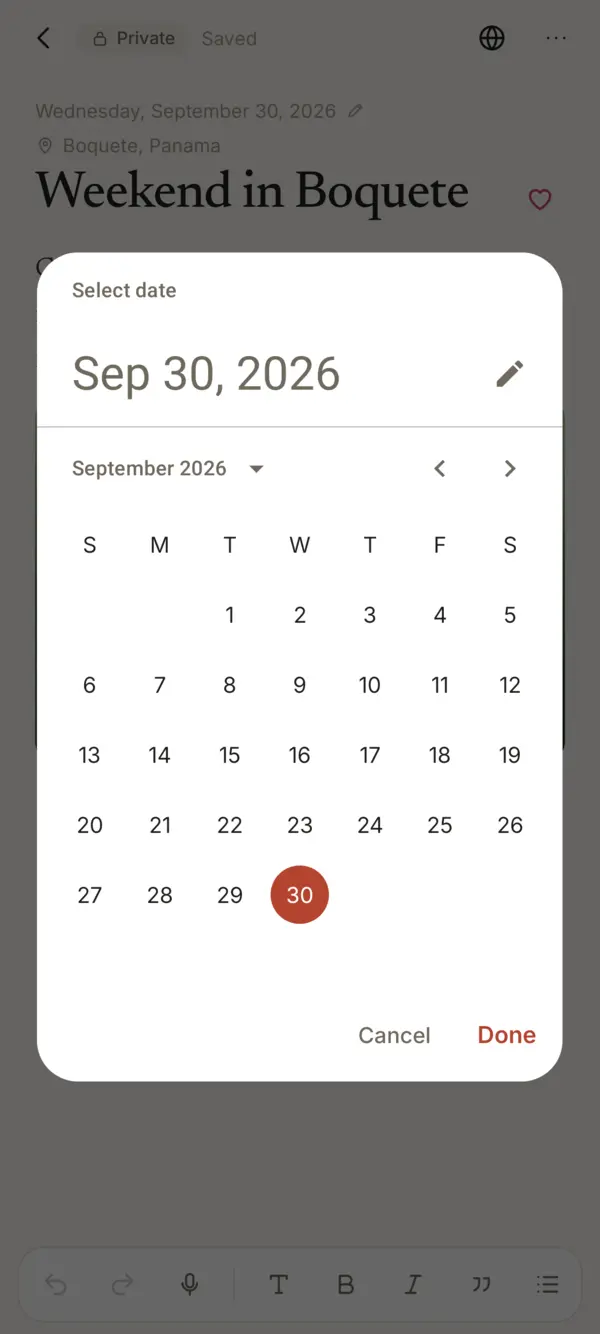 Changing the date of a private entry