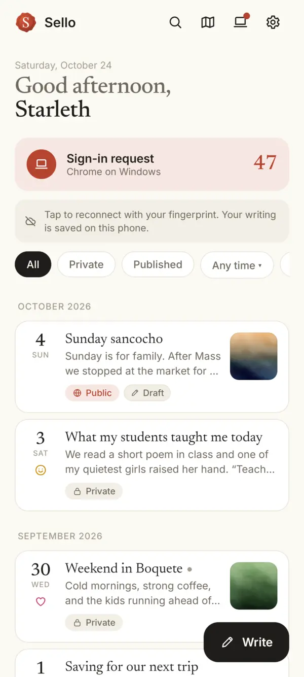 The home screen with All, Private, Published and Any time