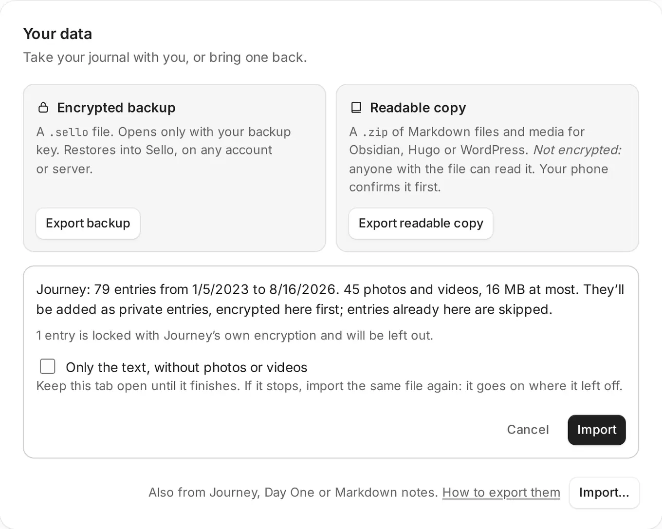 Settings, Your data: a Journey export with 79 entries ready to import