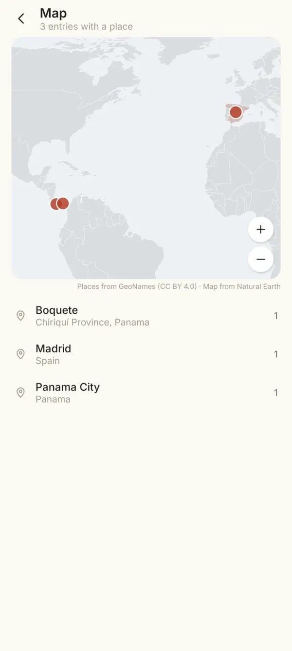 Your entries on the map, with pins and tinted countries