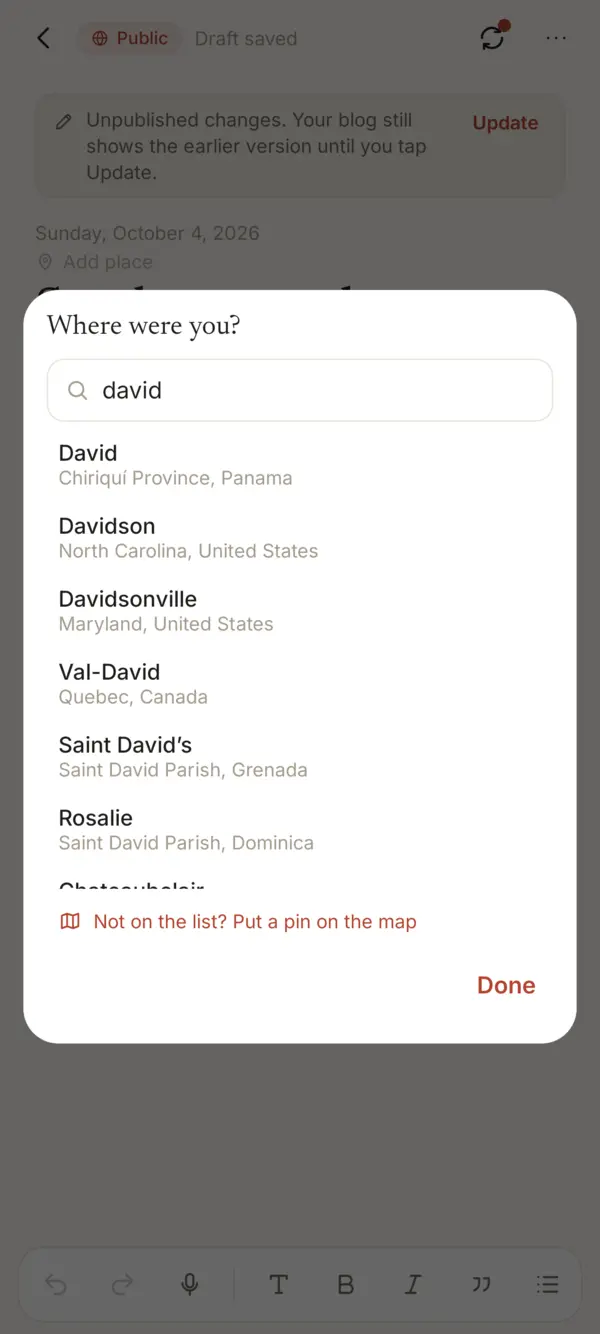 The place picker with a search for David