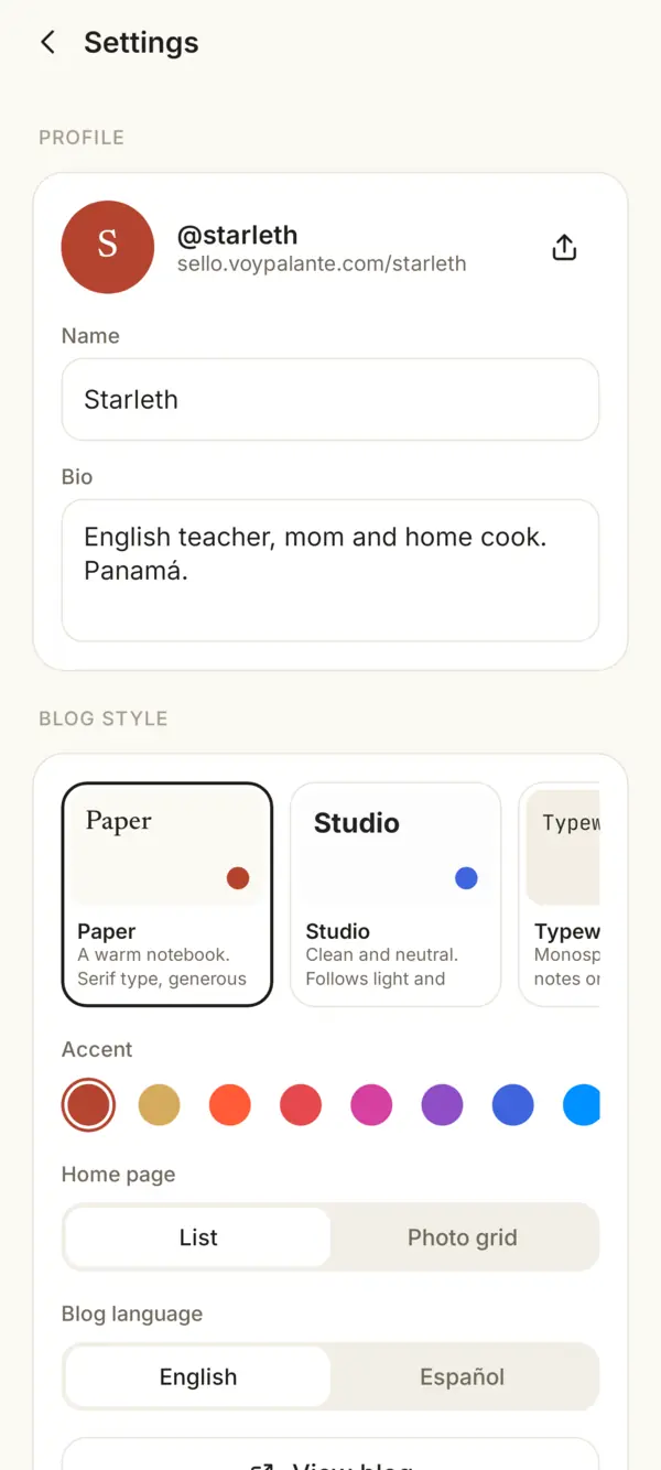 Settings: your name, bio and blog style