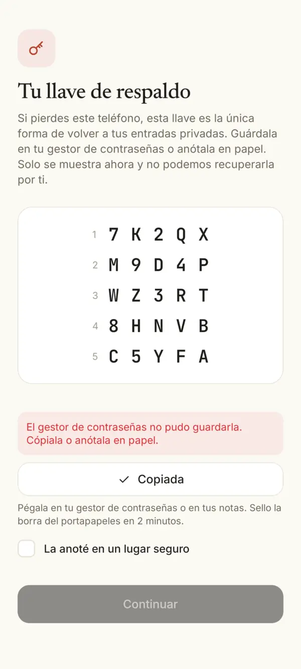 La llave copiada, con la nota de que el portapapeles se borra en 2 minutos