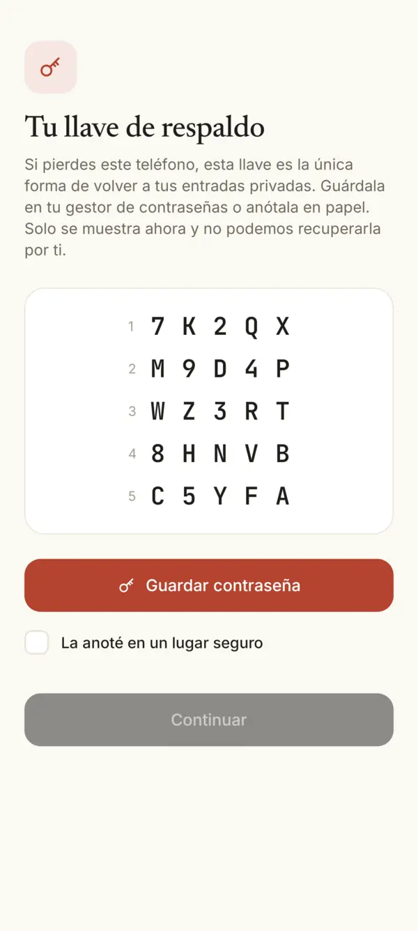 Tu llave de respaldo, 25 letras y números
