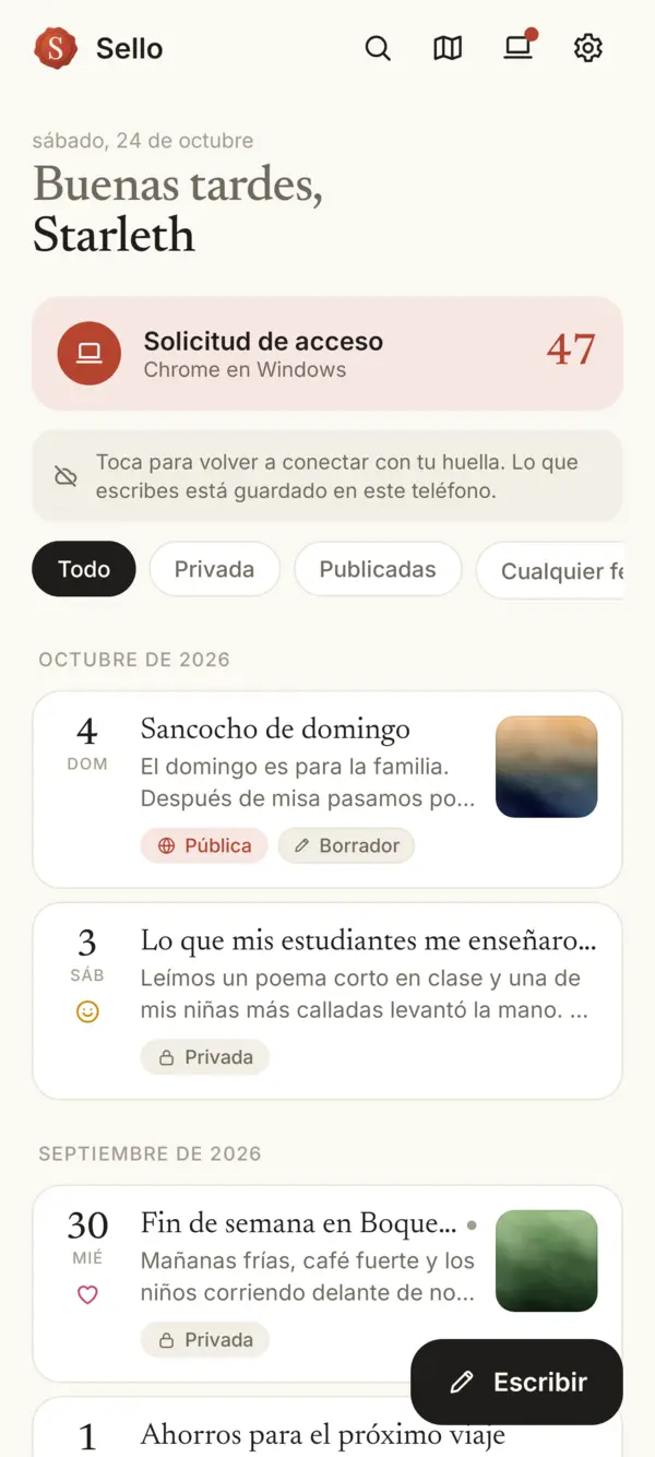 La pantalla principal con Todo, Privada, Publicadas y Cualquier fecha