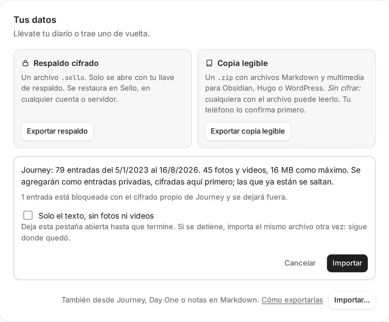 Ajustes, Tus datos: un export de Journey con 79 entradas listo para importar