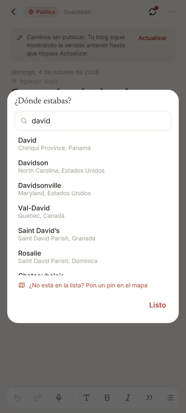 El selector de lugares con una búsqueda de David