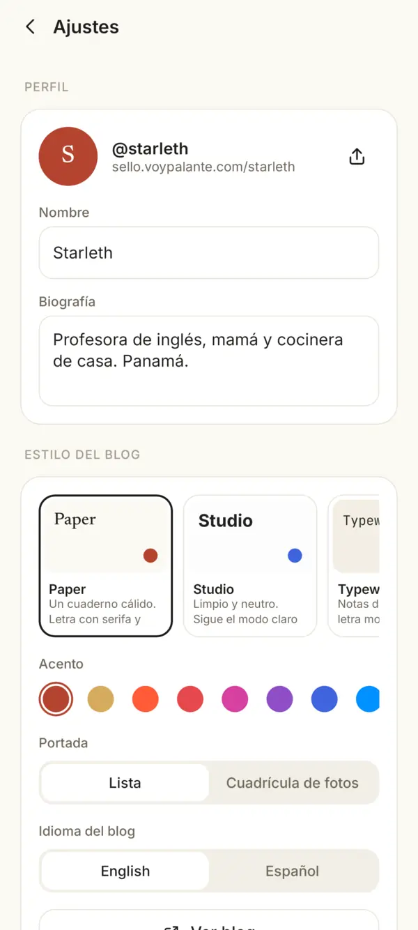 Ajustes: tu nombre, tu biografía y el estilo del blog